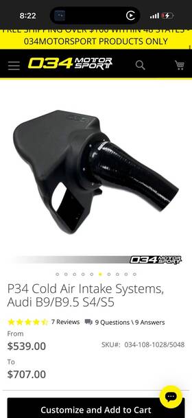 034-108-1028 034 Motorsports 034-108-1028/5048 B9-b9.5 P34 Intake Audi S4/s5