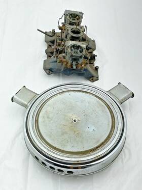1472225 General Motors 1959 1960 Cadillac Tri-power Intake Carbs And Chrome Air Cleaner 3x2 Carburetors